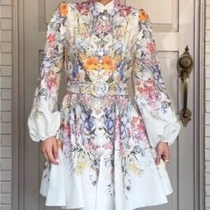 Miss Rosier Floral Long Sleeve Dress belted flare skirt